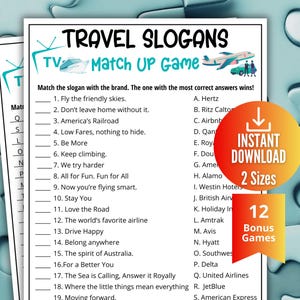 Travel Slogan Trivia Game, Ad Slogan Match Up Quiz, Printable TV Commercial Game for Kids & Adults,Family Game Movie Night, Office Party Fun