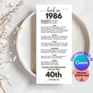 May include: A vertical white card with the text "back in 1986" in a script font. The card lists world and US population, US President, news, movies, songs, celebrities born, prices, and sports from 1986. It also says "Lincoln Crest High School Class of 1986 40th reunion."