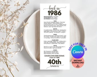 Puede incluir: Una tarjeta vertical blanca con el texto "back in 1986" en una fuente de escritura. La tarjeta enumera la población mundial y estadounidense, el presidente de los Estados Unidos, noticias, películas, canciones, celebridades nacidas, precios y deportes de 1986. También dice "Lincoln Crest High School Class of 1986 40th reunion."