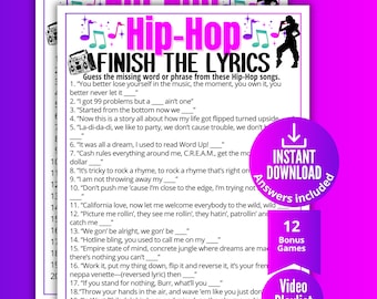 Hip-Hop Beenden Sie die Texte Trivia Spiel, druckbare Rap-Musikspiel für Kinder Jugendliche Erwachsene, Free Style-Aktivität, Musik-Trivia-Party, Popkultur