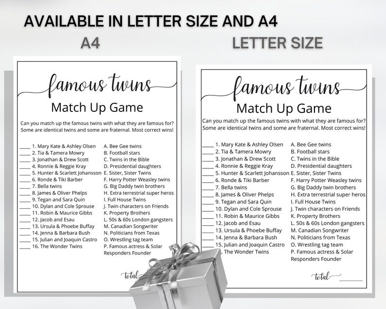 Famous Twins Trivia for Baby Showers, Printable Famous Twin Match up Game, Twin Birthday Game