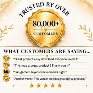 Peut inclure: Un badge circulaire dor&eacute; avec le texte TRUSTED BY OVER 80,000+ CUSTOMERS. En dessous, le texte WHAT CUSTOMERS ARE SAYING pr&eacute;c&egrave;de quatre t&eacute;moignages avec des ic&ocirc;nes de camion, manette, personnes et c&oelig;ur, suivis de cinq &eacute;toiles dor&eacute;es.