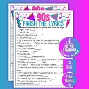 Könnte beinhalten: Druckbare Partyspielblätter zum Thema 90er Jahre. Das Design ist rosa und lila, mit dem Text "90s Finish the Lyrics". Das Spiel besteht darin, Songtexte aus den 90er Jahren zu vervollständigen. Enthält "Sofort-Download" und "12 Bonus-Spiele".