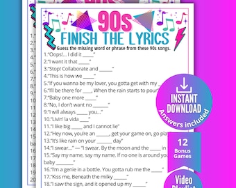 90s Finish the Lyrics Trivia Game, Printable Nineties Music Game for Kids Teens Adults, 1990s Activity, Ideas for Seniors,1990s Trivia Party