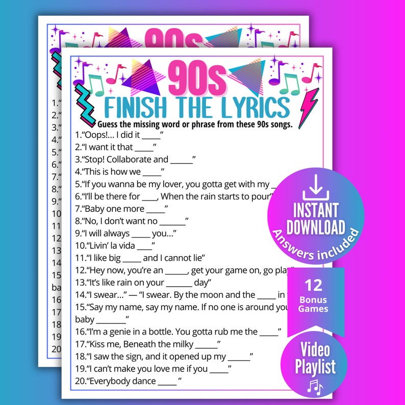 90 Musical Note 90s Finish the Lyrics Trivia Game, Printable Nineties Music Game for ...