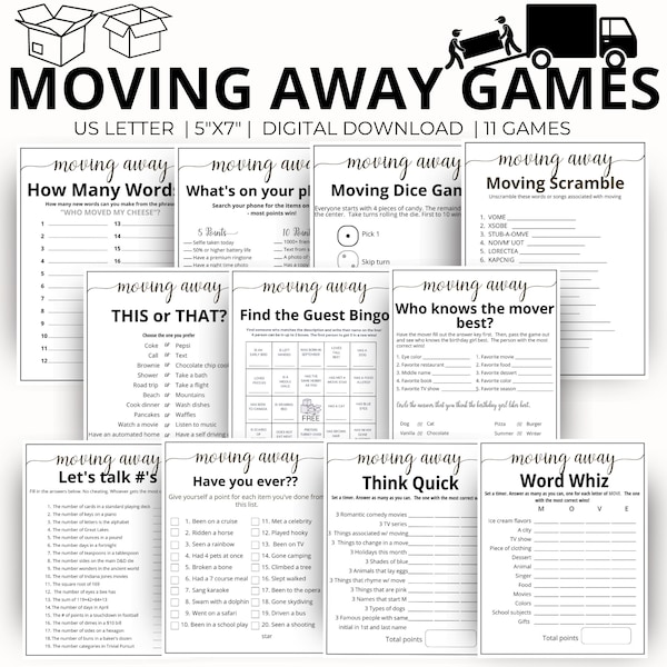 Going Away Party Games - Farewell Party Bundle, Moving Party Printable Games, Bon Voyage, Relocation gift, 11 Fun Games for Adults and Kids