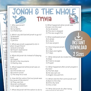 Könnte beinhalten: Ein druckbares Quizspiel mit dem Titel "Jonah & The Whale" mit Fragen und Antworten. Das Design zeigt eine blaue Wal-Illustration und die Worte "Sofort-Download" und "2 Größen". Perfekt für eine Sonntagsschulaktivität.
