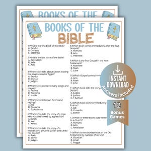 May include: A printable quiz sheet titled Books of the Bible featuring fourteen multiple-choice questions about biblical content. The document includes illustrations of blue books with gold crosses and a circular badge stating Instant Download.