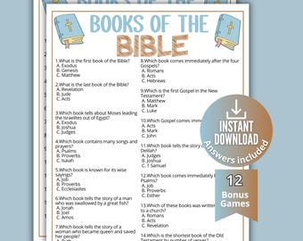 Może przedstawiać: Arkusz quizowy do druku zatytułowany Books of the Bible zawierający czternaście pytań wielokrotnego wyboru dotyczących treści biblijnych. Dokument zawiera ilustracje niebieskich książek ze złotymi krzyżami oraz okrągłą odznakę.