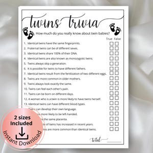 Twins Trivia for Baby Showers, Printable True False Baby Shower Game, Mommy to be game, Twin Minimalist Baby Shower,Shower quiz Activity
