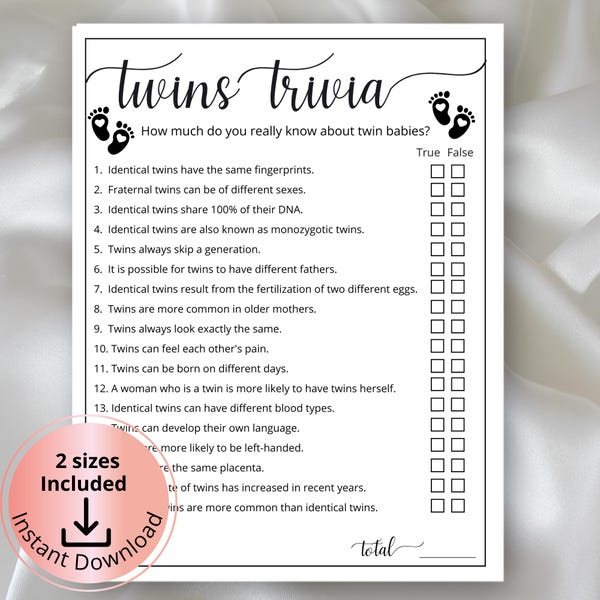Twins Trivia for Baby Showers, Printable True False Baby Shower Game, Mommy to be game, Twin Minimalist Baby Shower,Shower quiz Activity