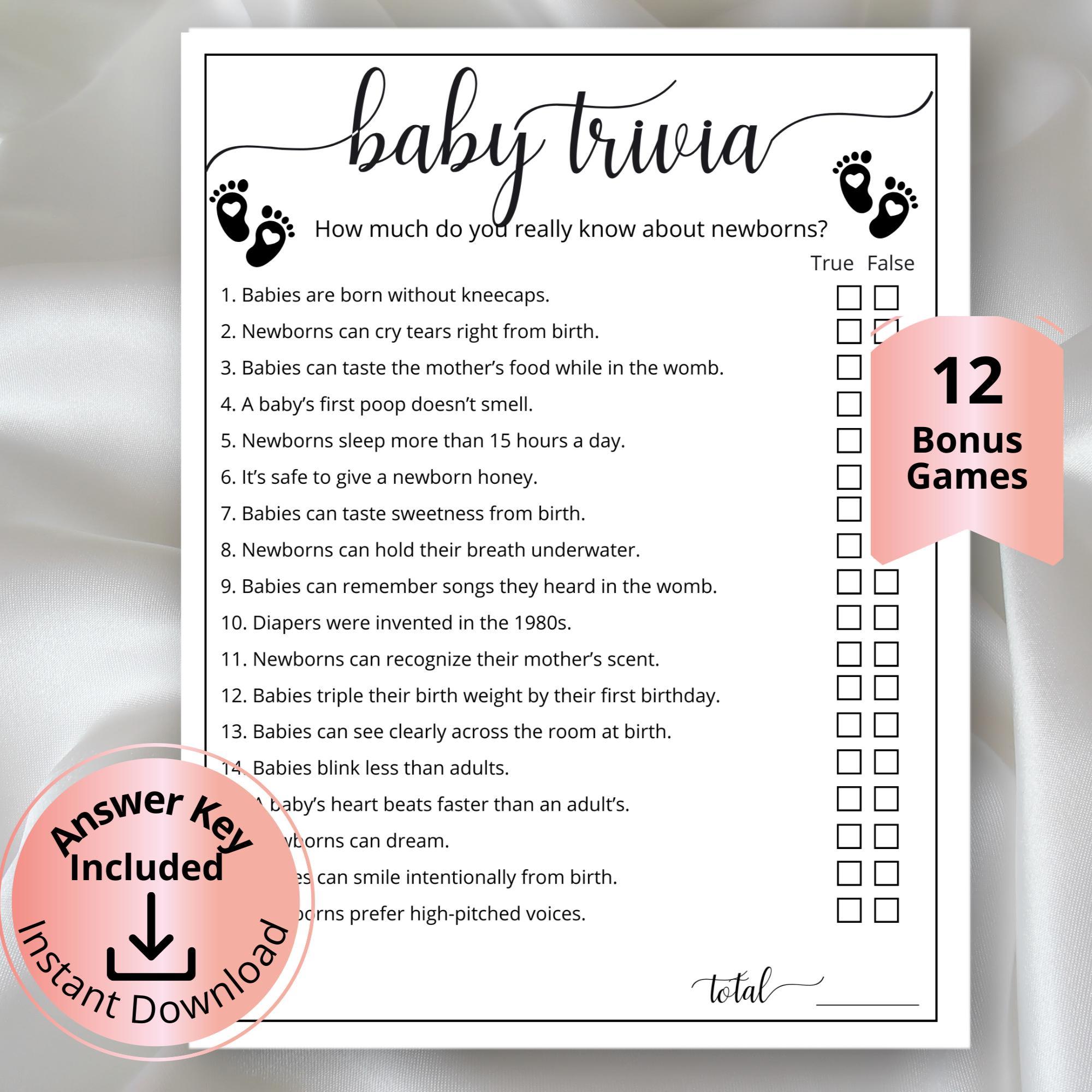 Baby Trivia for Baby Showers, Printable True False Game for Gender ...