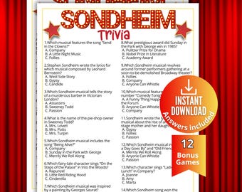 Sondheim Musical Trivia Game, Broadway Quiz, Musical Theater  Song Printable Game for Kids & Adults,Family Game Night, Broadway Fan Gift