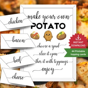 Letreros y tarjetas de mesa para estación de bar de papas, cree sus propios letreros de papas, fiesta de cumpleaños con temática de papas al horno, baby shower, tarjetas para la mesa de condimentos.