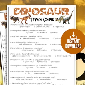 恐竜クイズゲーム、子供と大人向けの印刷可能な恐竜ゲーム、古生物学の誕生日アクティビティ、オフィスパーティーの楽しみ、科学教室のクイズ