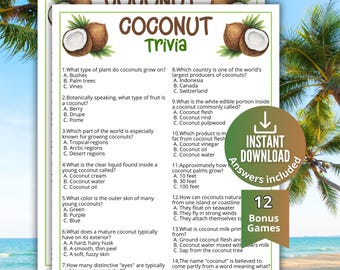 Coconut Trivia Game, Printable Luau Game for Kids & Adults,Tropical Baby Shower Activity, Office Party Fun,Pina Colada trivia Birthday idea