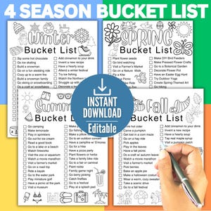 4 Season Bucket List - Editable PDF, Winter Bucket List Printable, Fun Spring Activities, Fall Bucket List ideas,Summer to do list,Checklist