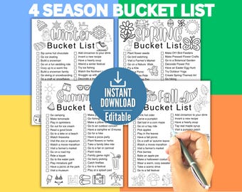 4 Season Bucket List - Editable PDF, Winter Bucket List Printable, Fun Spring Activities, Fall Bucket List ideas,Summer to do list,Checklist