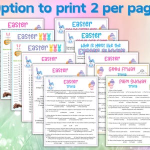 May include: A set of printable Easter activity sheets with various themes, including Easter trivia, Good Friday trivia, Palm Sunday trivia, and a "Who is Most Like the Easter Bunny" game. The sheets feature a pastel color scheme with images of Easter eggs, bunnies, and palm branches.