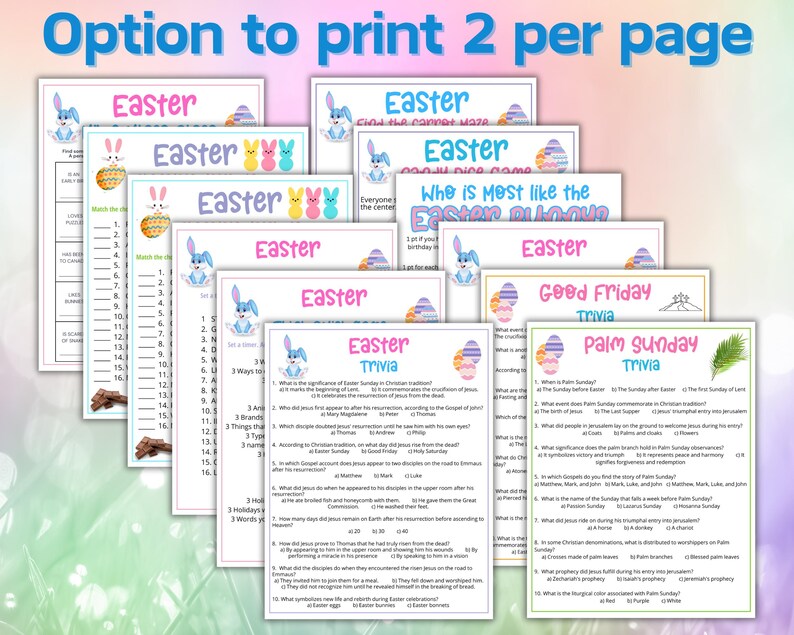 May include: A set of printable Easter activity sheets with various themes, including Easter trivia, Good Friday trivia, Palm Sunday trivia, and a "Who is Most Like the Easter Bunny" game. The sheets feature a pastel color scheme with images of Easter eggs, bunnies, and palm branches.