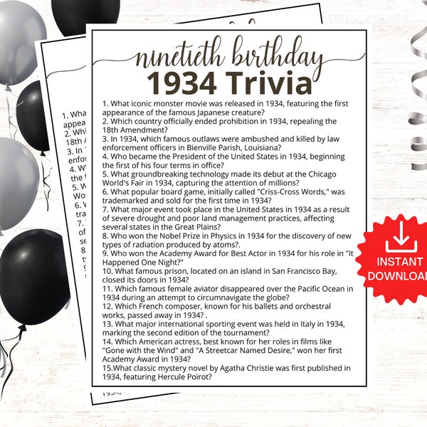 1934 Trivia Game, 90th Birthday Party Games, Born in 1934 Game, 1934 Birthday Games, 90th Birthday Games