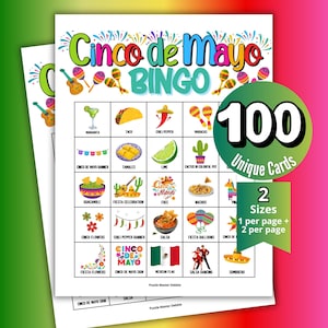 May include: Cinco de Mayo Bingo cards with colorful illustrations of Mexican-themed items like tacos, maracas, and sombreros. The cards feature the text "Cinco de Mayo Bingo" and include 100 unique cards in two sizes.