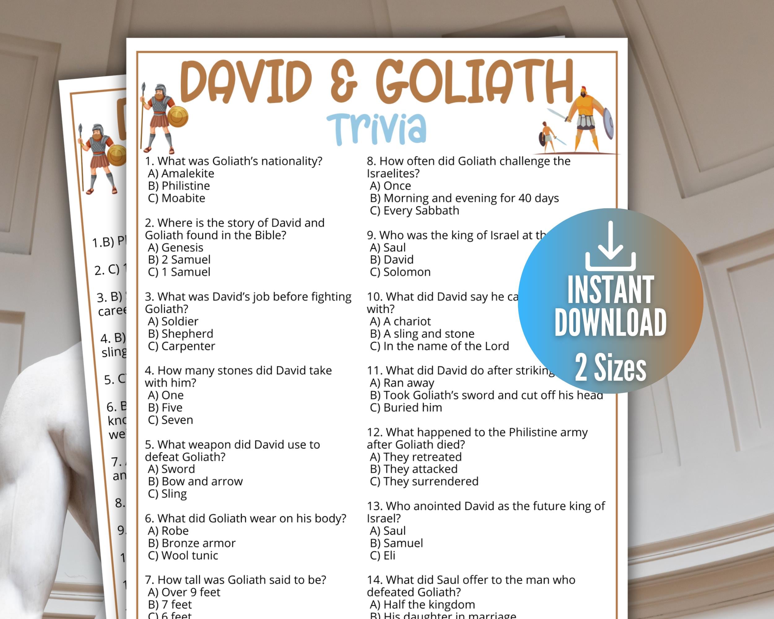 David and Goliath Trivia Game for Kids, Sunday School Bible Games,Old Testament Activity, Church Fundraiser Game,Homeschool Bible Lesson BB1