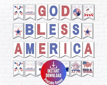 「神はアメリカを祝福する」バナーサイン、印刷可能な愛国的なポスター、DIY大統領の日の掲示板、軍隊歓迎送別会の装飾、教師の教室