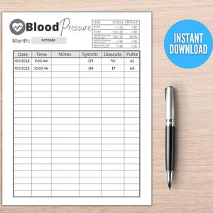 Blood Pressure Log Editable Printable, Blood Pressure Tracker, Medical Tracker, BP Tracker, Daily Blood Pressure Chart, Hypertension H001