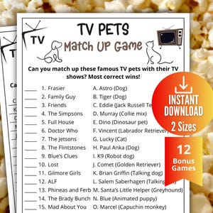 TV Pets Trivia Game,TV Sitcom Dogs Cats Trivia Quiz,Printable Game for Kids & Adults,Family Game Night,Office Party Fun,TV Show Themed Party