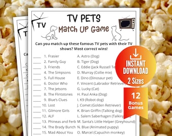 TV Pets Trivia Game,TV Sitcom Dogs Cats Trivia Quiz,Printable Game for Kids & Adults,Family Game Night,Office Party Fun,TV Show Themed Party