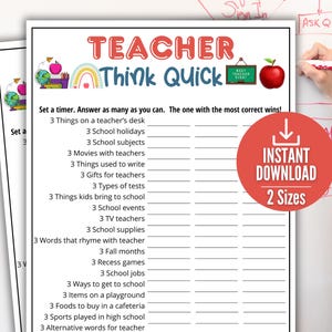 Teacher Think Quick Trivia Game,Teacher Party,Back to School Trivia Game,Homeschool Trivia Game for kids and adults,Printable Classroom Game