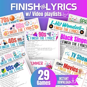 Pode incluir: Uma coleção de folhas de jogo Finish the Lyrics com vários temas como anos 40, 50, 60, 70, 80, 90, sucessos de um sucesso só, primavera, verão, cantores negros, programas de TV e filmes, com texto colorido, notas musicais e ícones.