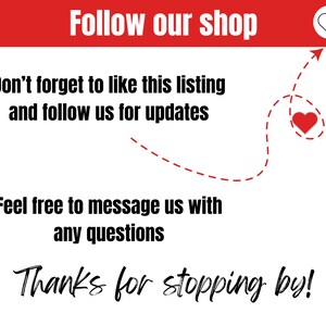 Op de afbeelding: Een witte achtergrond met rode tekst die zegt "Volg onze winkel". In de rechterbovenhoek staat een rood hartpictogram. De tekst "Vergeet niet om deze vermelding te liken en ons te volgen voor updates" staat onder de kop. Een rode stippellijn met een pijl die omhoog wijst leidt naar een rood hartpictogram. De tekst "Neem gerust contact met ons op voor vragen" staat onder het hartpictogram. De tekst "Bedankt voor het langs komen!" staat onderaan de afbeelding.