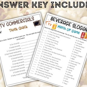 May include: Two printable game sheets with the text "TV Commercials Think Quick" and "Beverage Slogans Match Up Game". The sheets have fill-in-the-blank questions and matching games. The words "Answer Key Included" are at the top.