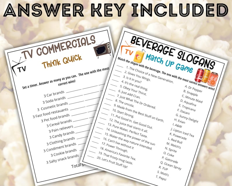 May include: Two printable game sheets with the text "TV Commercials Think Quick" and "Beverage Slogans Match Up Game". The sheets have fill-in-the-blank questions and matching games. The words "Answer Key Included" are at the top.