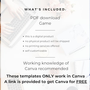 May include: A digital product information graphic with black text on a white background. It states: WHAT'S INCLUDED: PDF download Game, this is a digital product, no physical product will be shipped, no printing services offered, self customizable.