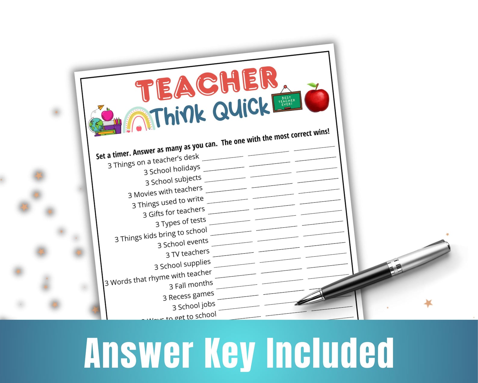Think Trivia Teacher Think Quick Trivia Game,teacher Party,back to School Trivia ...