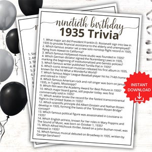 1935 Trivia Game, 90th Birthday Party Games, Born in 1935 Game, 1935 Birthday Games, 90th Birthday Games