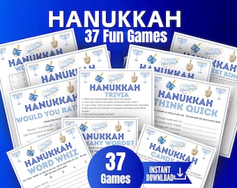Op de afbeelding: Een verzameling printbare Hanukkah-spelbladen met blauwe en witte afbeeldingen van menora's en dreidels. De pagina's bevatten titels zoals Hanukkah Trivia, Think Quick, Word Whiz en Candy Dice, met tekst die verschillende activiteiten voor de feestdag beschrijft.