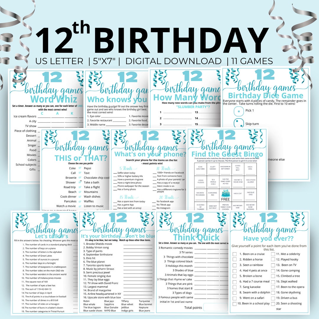 12th Birthday Party Games Aqua, Born in 2014 Game Bundle, Twelfth ...