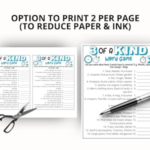Two printed word game sheets titled "3 of a Kind Word Game" with word puzzles. You can print 1 per page or 2 per page to save paper. A pair of scissors and a pen are on the white background. The text "OPTION TO PRINT 2 PER PAGE (TO REDUCE PAPER & INK)" is at the top.
