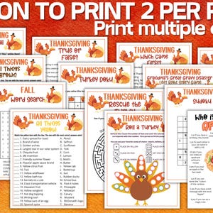 May include: A collection of printable Thanksgiving-themed activity sheets featuring games like word searches, trivia, Sudoku, and a Roll a Turkey game. Each page includes turkey illustrations and text titles such as Thanksgiving All About Fall, True or False, and Who is most like an Apple Pie.