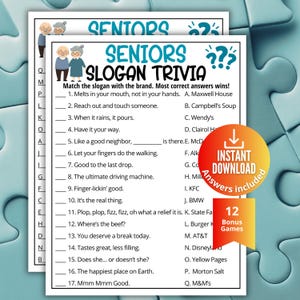 Puede incluir: Una hoja de juego Seniors Slogan Trivia con una lista de 17 eslóganes para emparejar con marcas, incluyendo una ilustración de una pareja mayor. Una insignia circular naranja y amarilla indica Instant Download, Answers included y 12 Bonus Games.