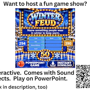 May include: A digital game show interface titled Winter Feud with a blue and gold theme. The screen displays a survey question about winter clothing, team scores of 294 and 390, and a list of answers including Coat, Boots, Hat, Gloves/Mittens, and Scarf.