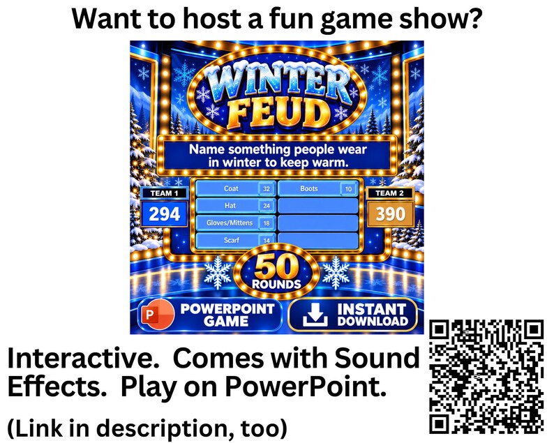 May include: A digital game show interface titled Winter Feud with a blue and gold theme. The screen displays a survey question about winter clothing, team scores of 294 and 390, and a list of answers including Coat, Boots, Hat, Gloves/Mittens, and Scarf.