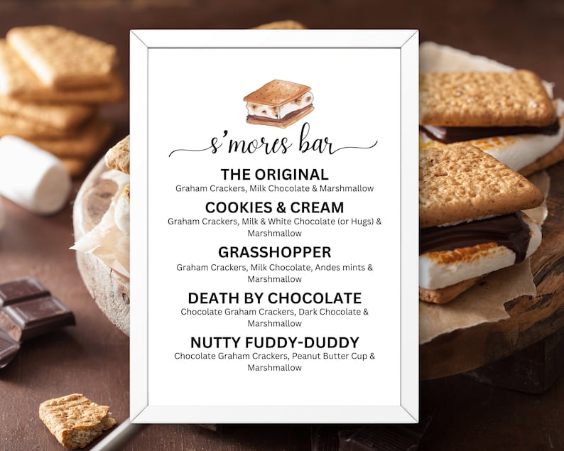 Menu modifiable du bar S'mores, enseigne imprimable du bar Smores, enseigne de fête en plein air station S'mores, enseigne de table de gâterie de camping, modèle canva, 3 menus image 10