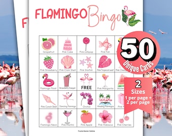 Juego de bingo de flamencos, juego de cumpleaños de flamencos rosas, juegos de baby shower de flamencos, noche de bingo para personas mayores, rifa benéfica, rompehielos de flamencos