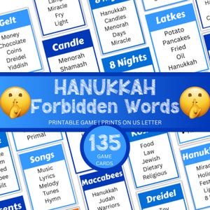May include: A Hanukkah Forbidden Words printable game featuring 135 game cards with blue headers and white text. Each card displays a primary word like Gelt, Candle, Latkes, Songs, or Maccabees, followed by a list of related forbidden words.