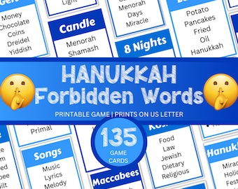 Op de afbeelding: Een printbaar Hanukkah Forbidden Words spel met 135 spelkaarten met blauwe koppen en witte tekst. Elke kaart toont een hoofdwoord zoals Gelt, Candle, Latkes, Songs of Maccabees, gevolgd door een lijst met bijbehorende verboden woorden.